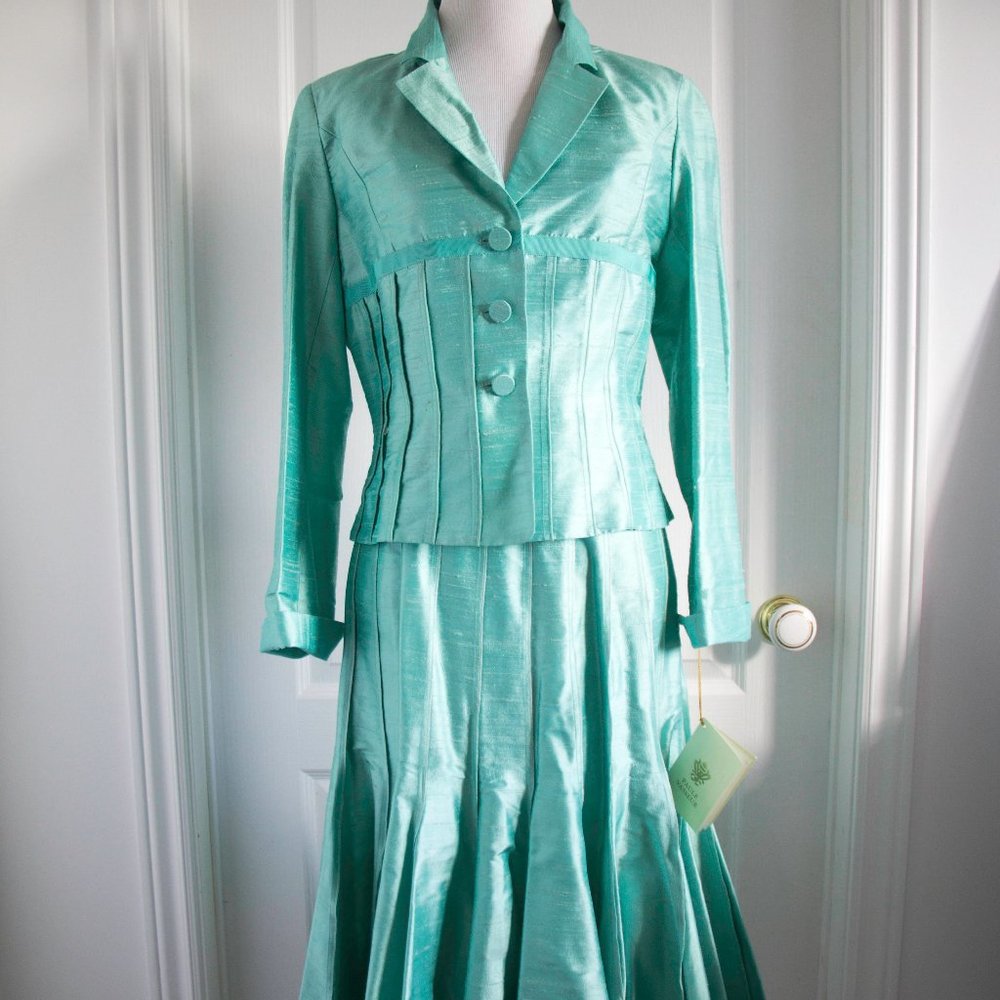 PAUL VASSEUR Women Set Ensemble Jacket + Skirt Silk Aqua Carreer Work Formal New